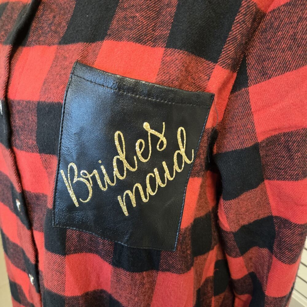 Upcycled Red Buffalo Plaid BRIDESMAID Button Flannel MED Long Wedding Party - Picture 3 of 8